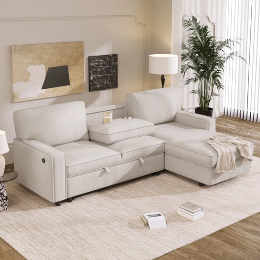 89 Inch Upholstery Sleeper Sectional Sofa with Storage Chaise, Sleeper Sofa Bed with USB Port, 2 Cup Holders on Back Cushions