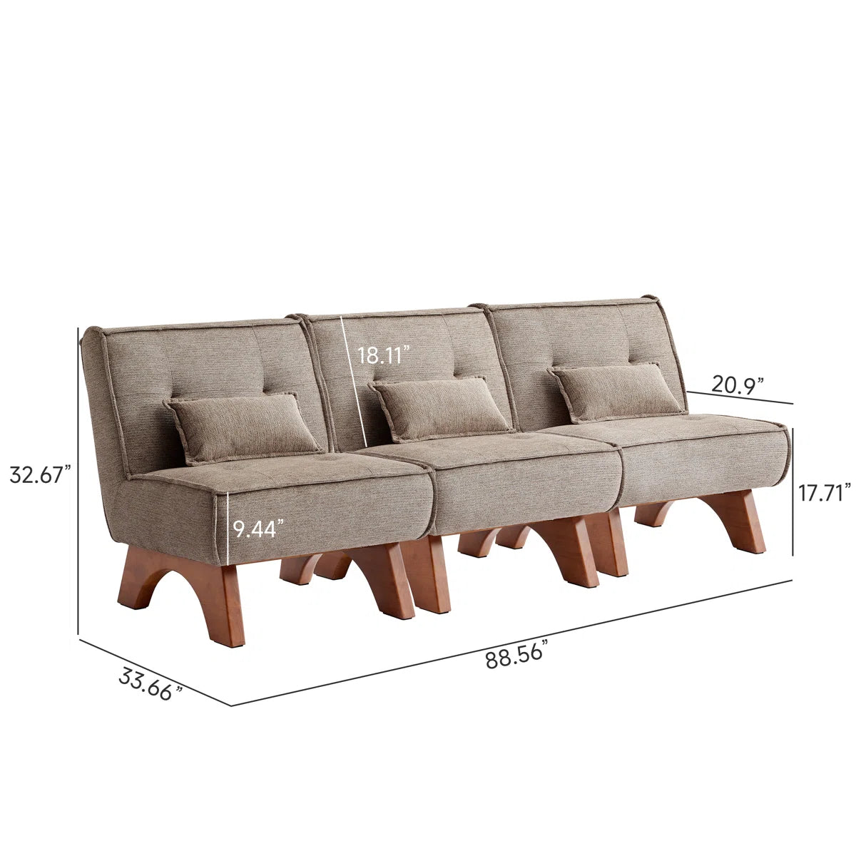 90''W 3-Piece Upholstered Modular Sofa With Solid Wood Base and Pillows
