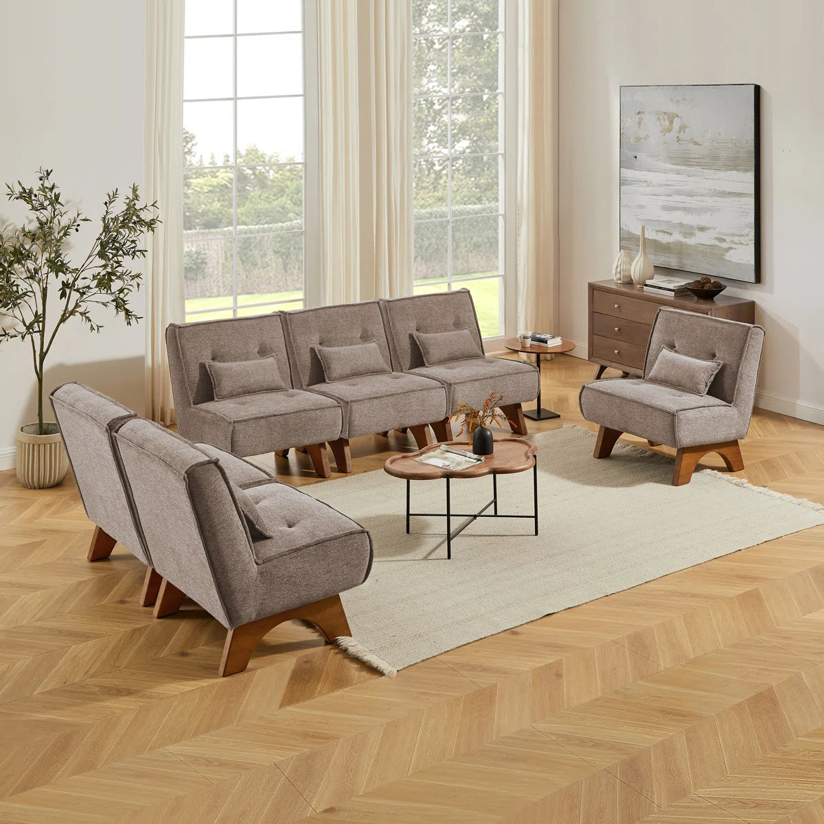 90''W 3-Piece Upholstered Modular Sofa With Solid Wood Base and Pillows
