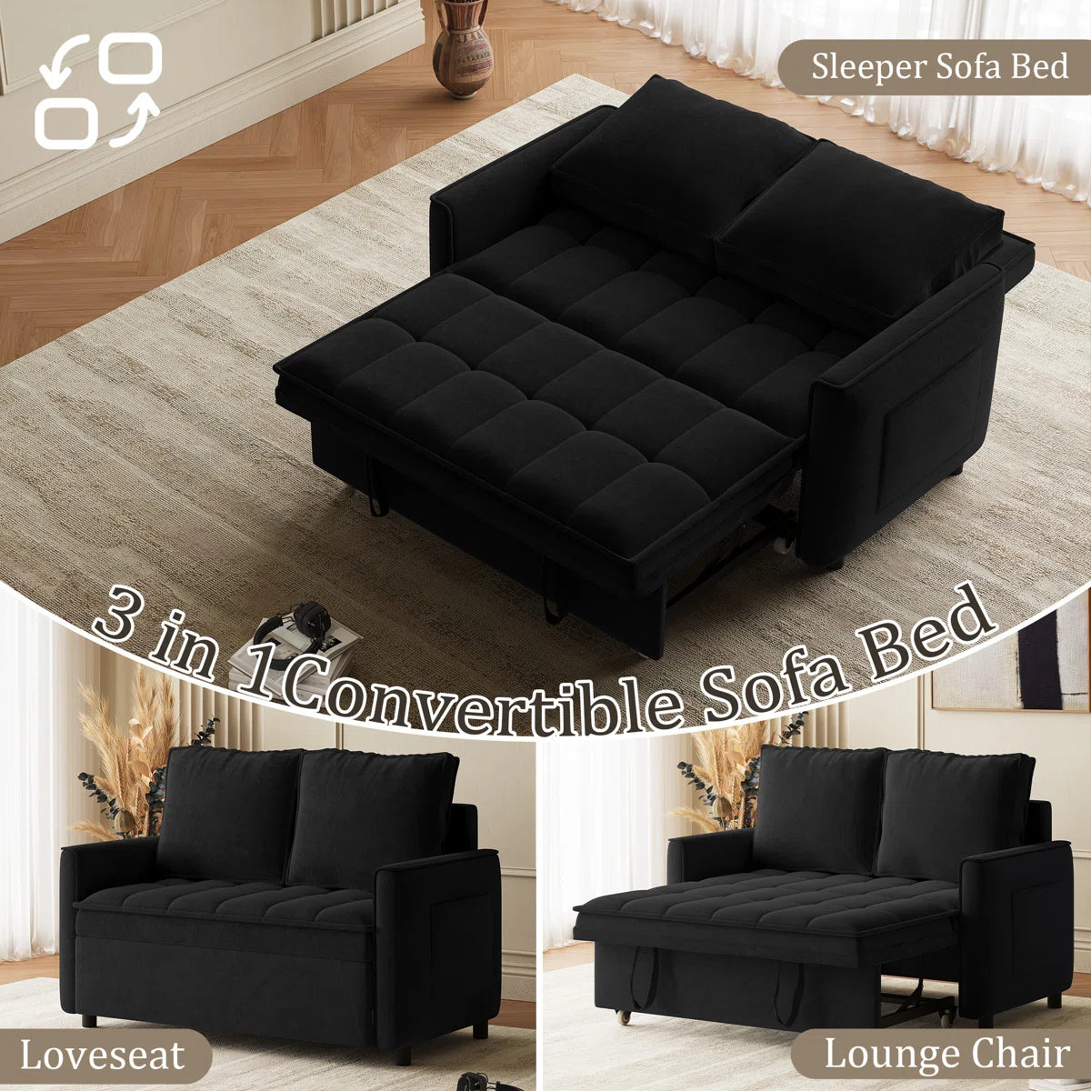 Convertible Sleeper Sofa Bed Tufted Loveseat Small Room Couch