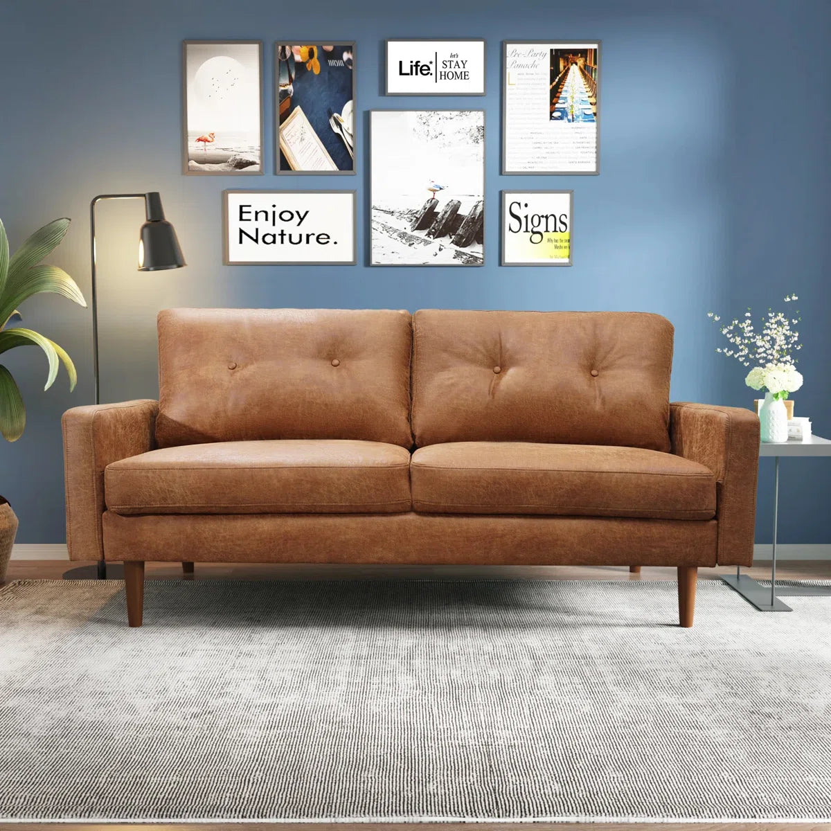 70" Industrial Vintage Upholstered Sofa, Distressed Leather-Look Apartment Couch