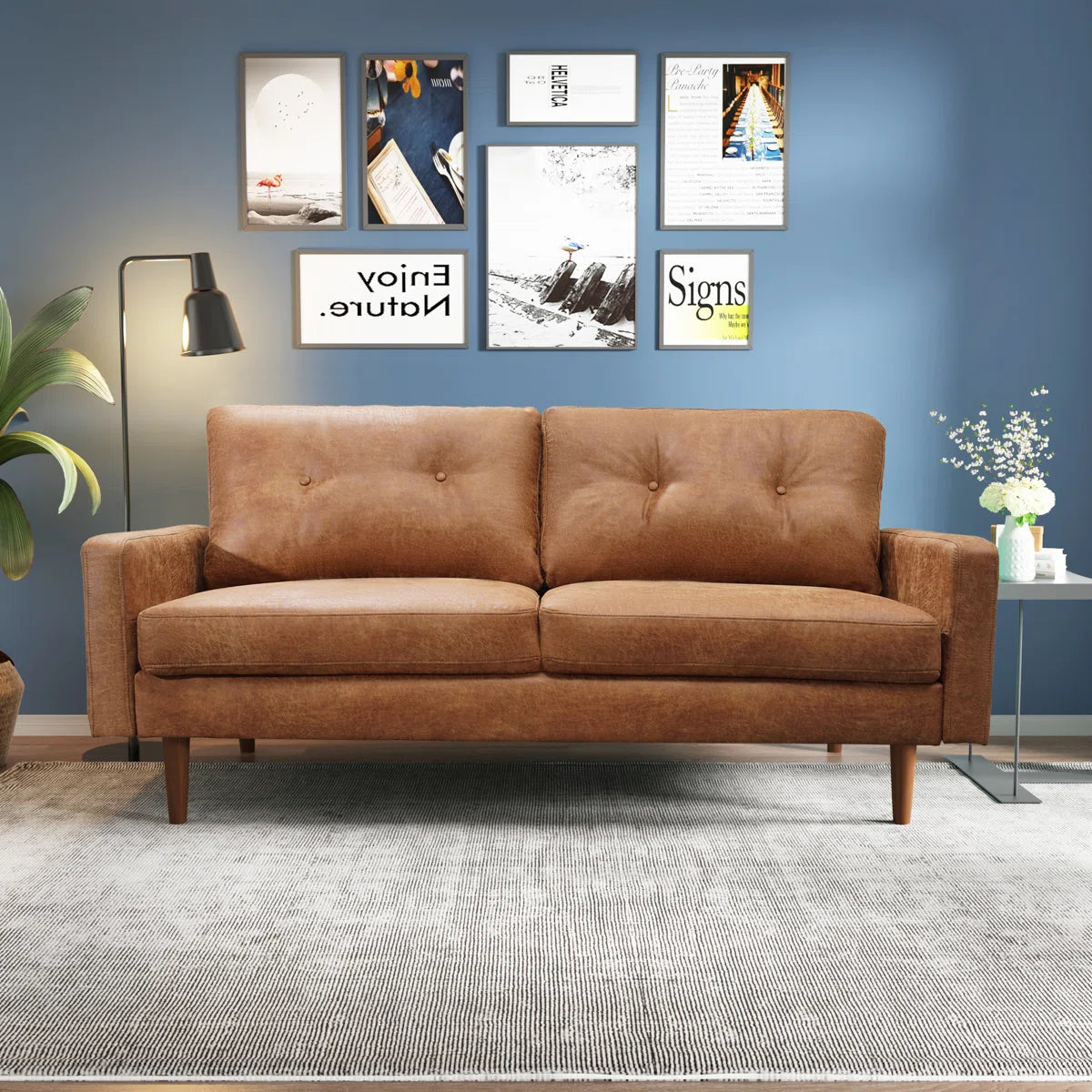 70" Industrial Vintage Upholstered Sofa, Distressed Leather-Look Apartment Couch