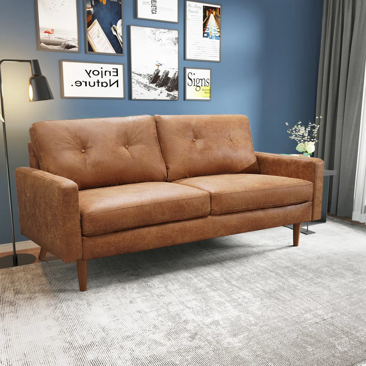 70" Industrial Vintage Upholstered Sofa, Distressed Leather-Look Apartment Couch