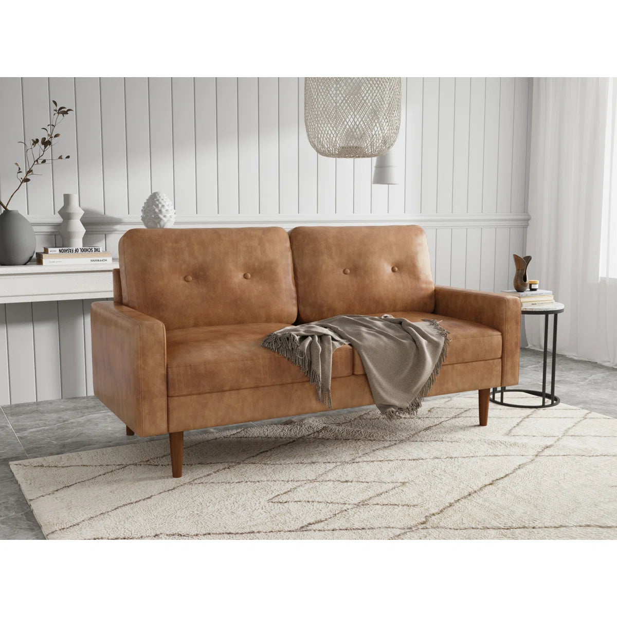 70" Industrial Vintage Upholstered Sofa, Distressed Leather-Look Apartment Couch