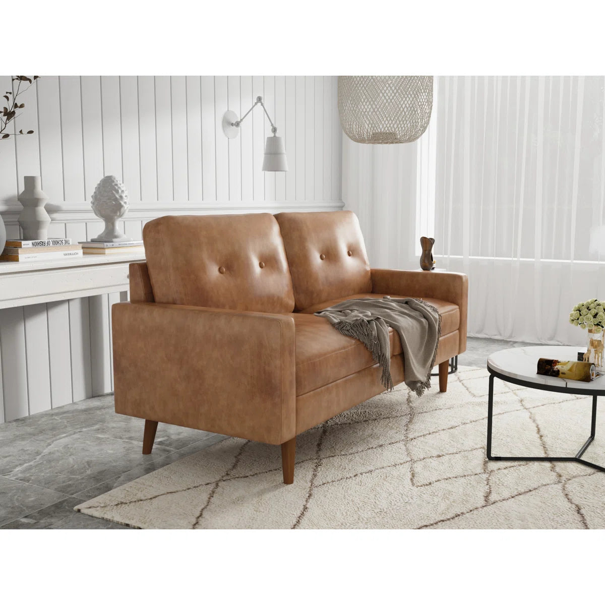 70" Industrial Vintage Upholstered Sofa, Distressed Leather-Look Apartment Couch