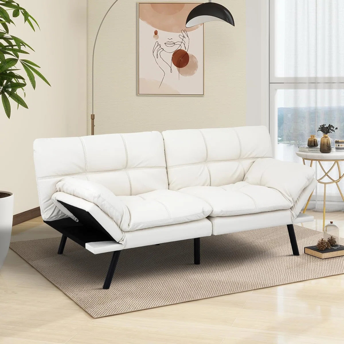 71 Inch Convertible Faux Leather Futon Sofa Bed with Adjustbale Arms,Loveseat Sleeper For Living Room, Bedroom, Studio, Apartment, Dorm, Home Office, Small Space