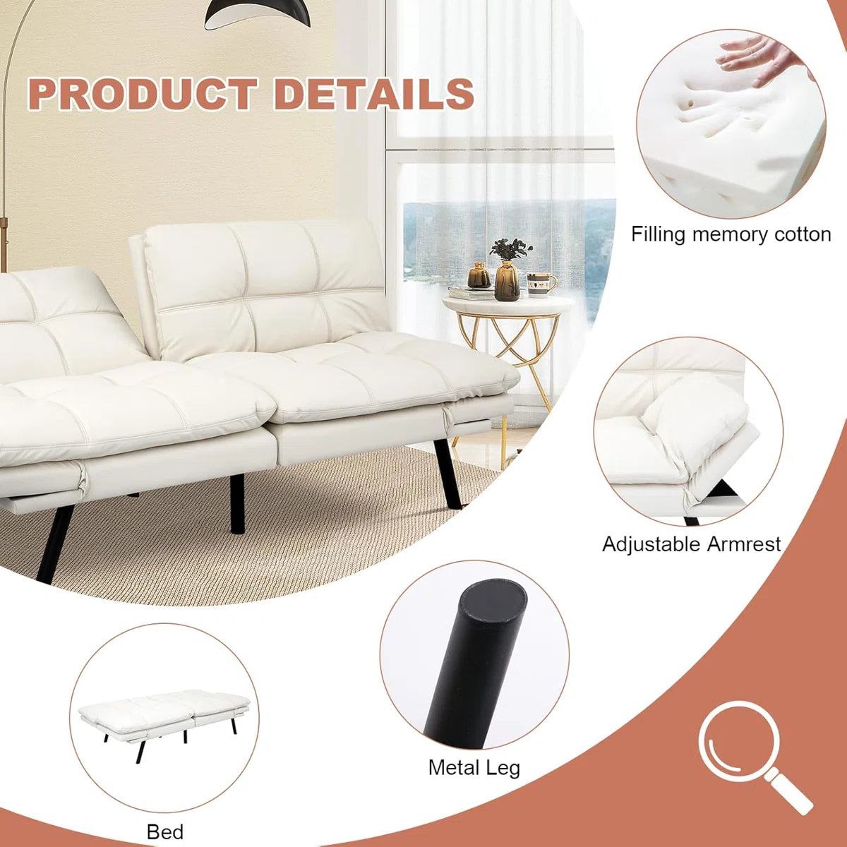 71 Inch Convertible Faux Leather Futon Sofa Bed with Adjustbale Arms,Loveseat Sleeper For Living Room, Bedroom, Studio, Apartment, Dorm, Home Office, Small Space