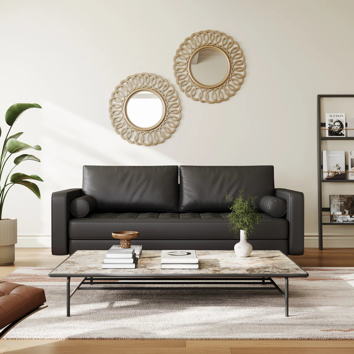 Leather Mid Century Modern Upholstered Square Arm Sofa or Loveseat