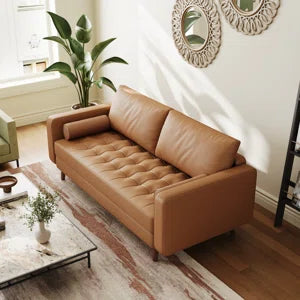 Leather Mid Century Modern Upholstered Square Arm Sofa or Loveseat