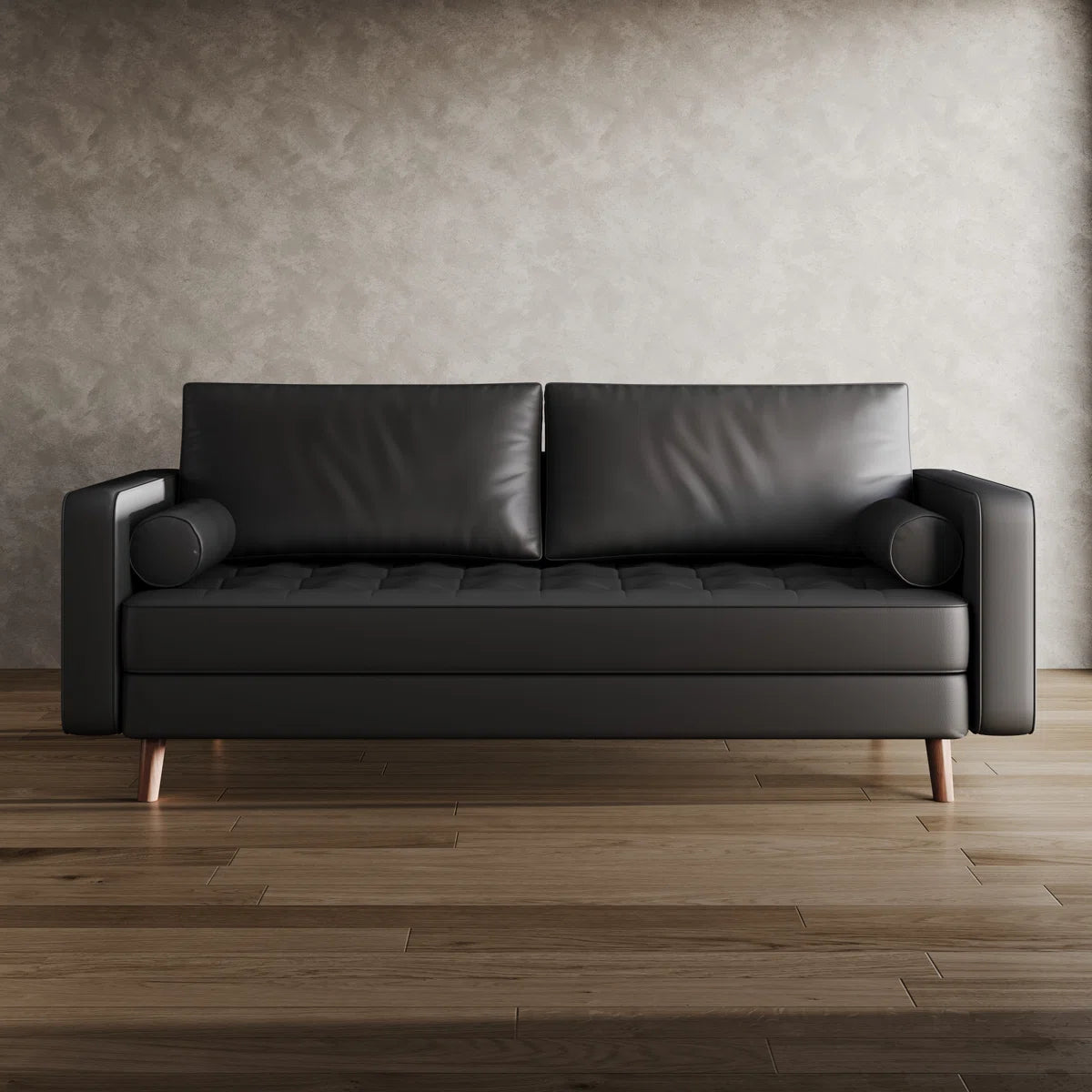 Leather Mid Century Modern Upholstered Square Arm Sofa or Loveseat