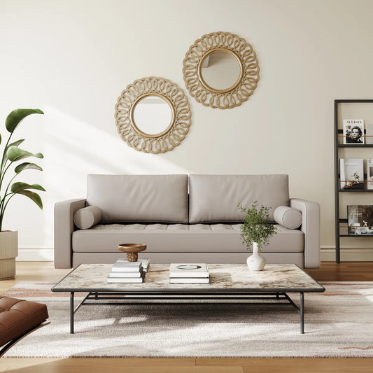 Leather Mid Century Modern Upholstered Square Arm Sofa or Loveseat