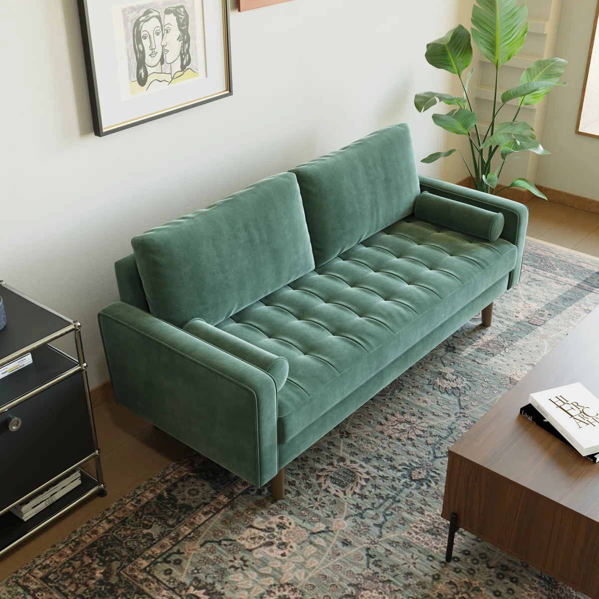 Leather Mid Century Modern Upholstered Square Arm Sofa or Loveseat