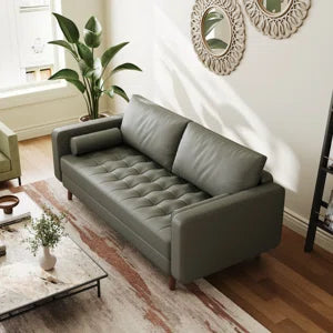 Leather Mid Century Modern Upholstered Square Arm Sofa or Loveseat