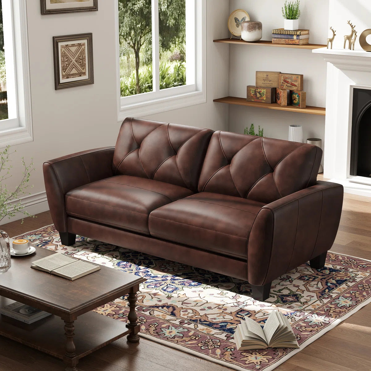 Luxury Upholstered Top Genuine Leather Sofa with Solid Wood Frame