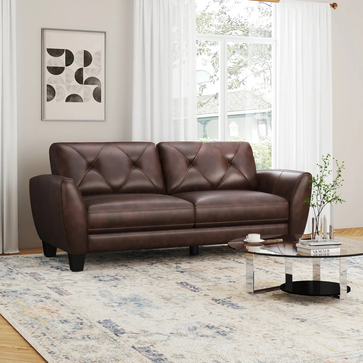 Luxury Upholstered Top Genuine Leather Sofa with Solid Wood Frame