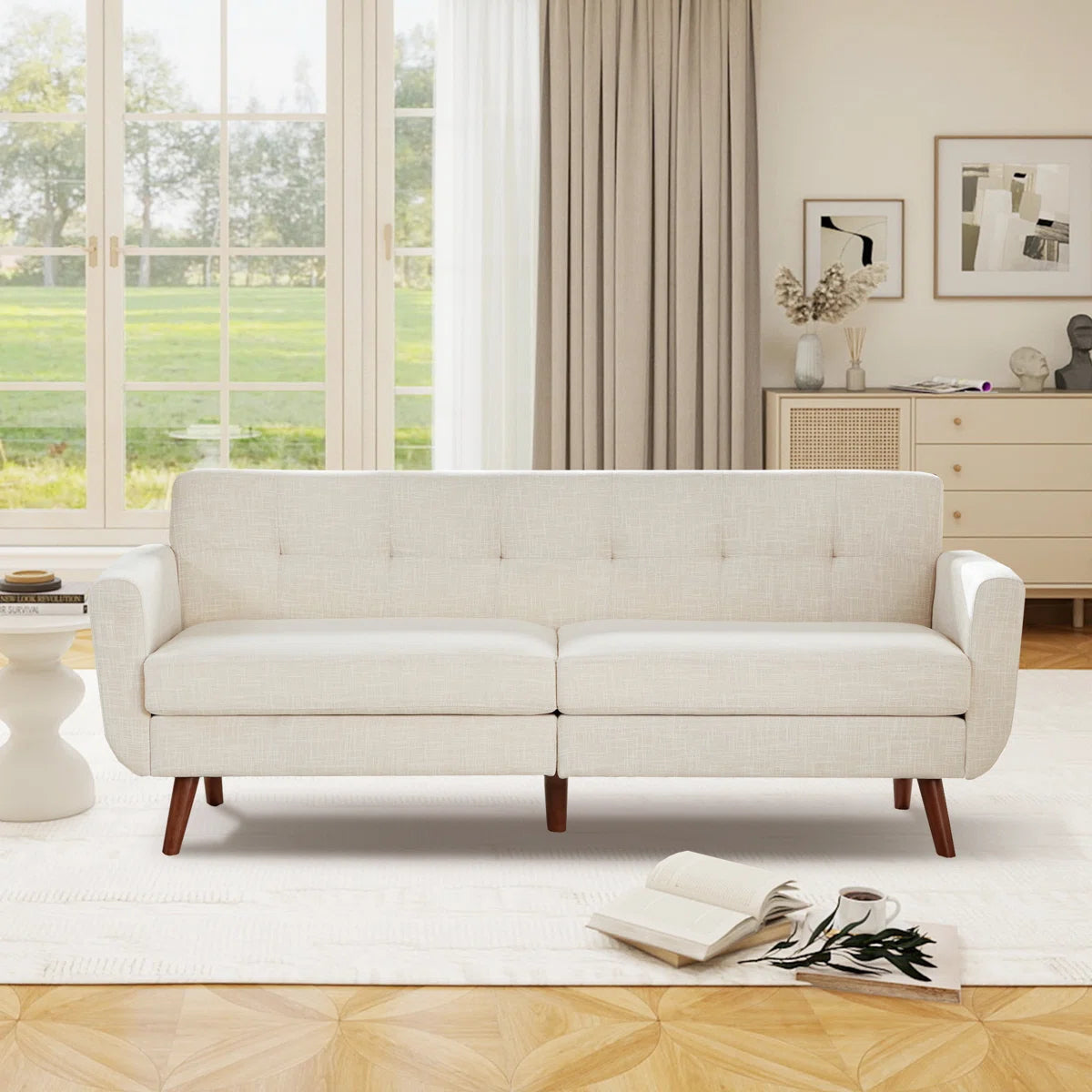 78" Mid Century Modern Square Arms Linen Upholstered Sofa