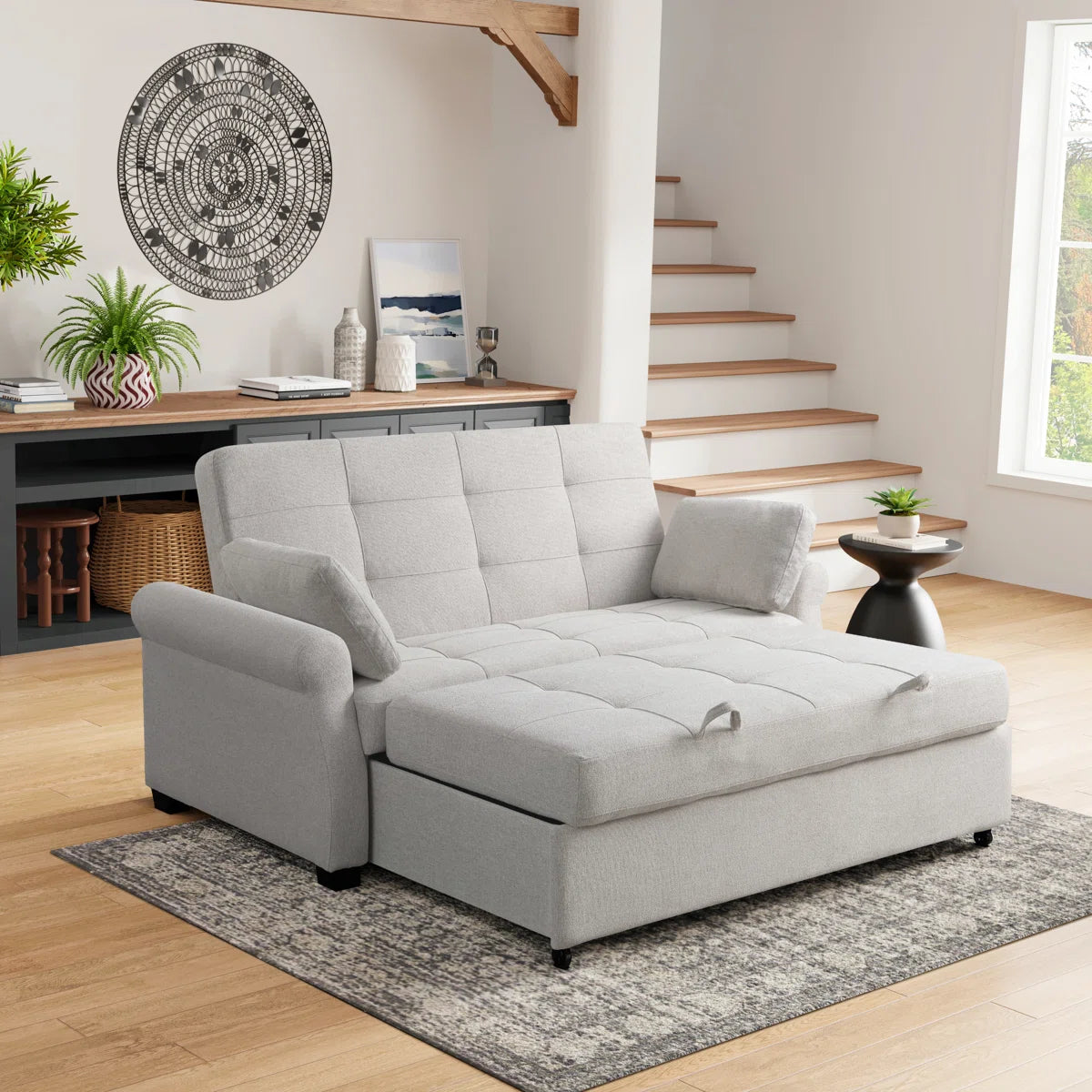 73" Queen Rolled Arm Tufted Back Convertible Sleeper Sofa Bed with Cushions
