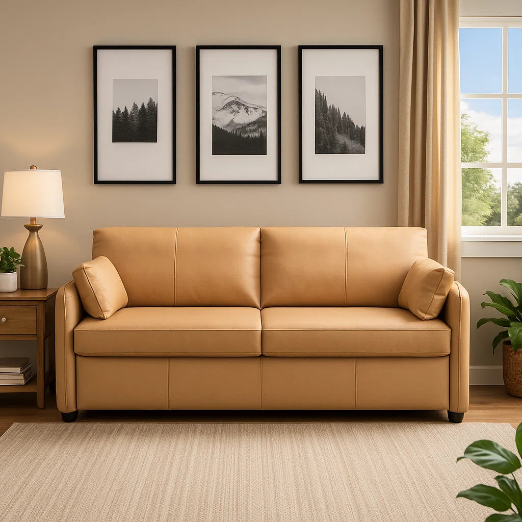Top Grain Leather Sleeper Sofa Bed with Memory Foam Mattress