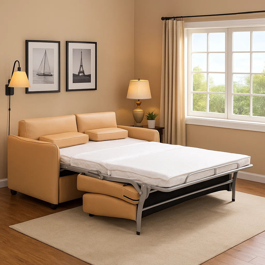 Top Grain Leather Sleeper Sofa Bed with Memory Foam Mattress