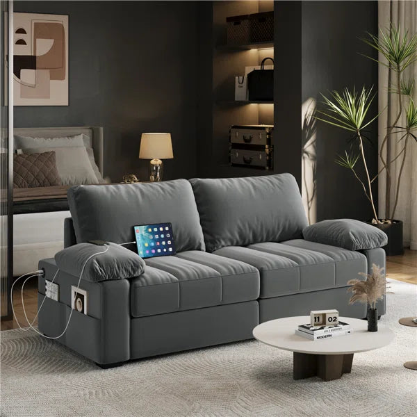W Upholstered Sofa Velvet Couch with USB Charging Ports