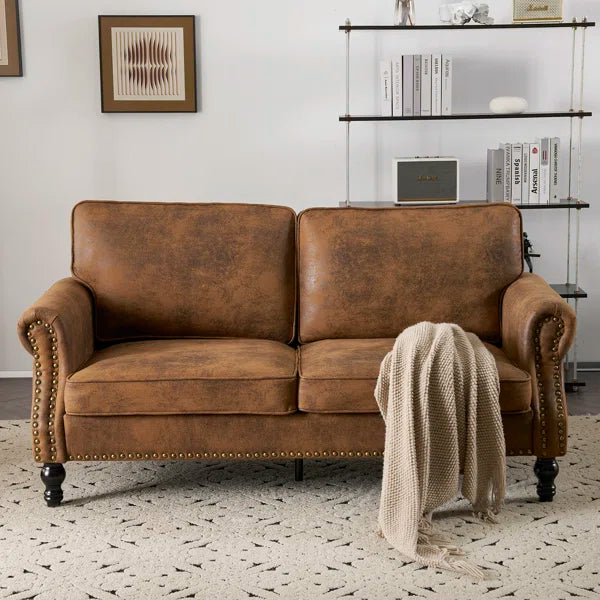 W Classical Vintage Leather Loveseat 2-Seater Sofa with Copper Studs