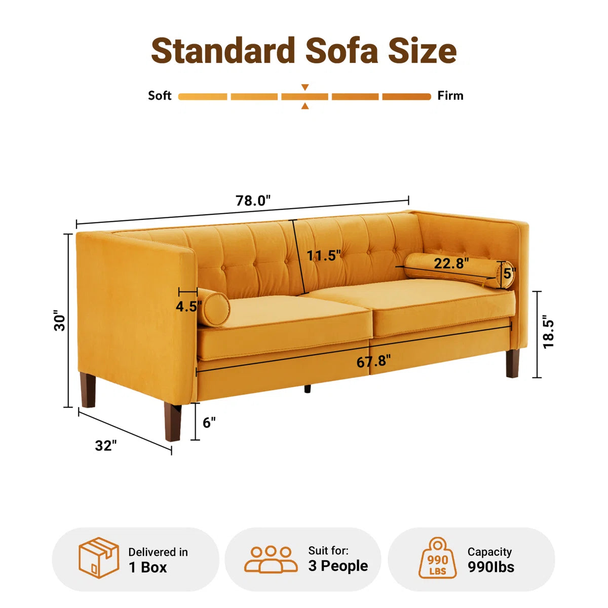 77'' W Mid Century Upholstery Tufted Sofa